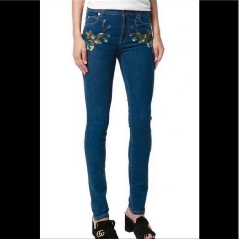Gucci Blue Skinny Jeans with Gold Floral Embroidery